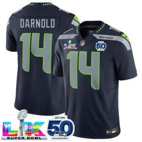 Seattle Seahawks 14 Sam Darnold Navy 2026 Super Bowl LX & 50th Patches F.U.S.E. Vapor Limited Men Jersey