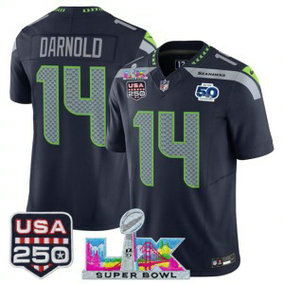 Seattle Seahawks 14 Sam Darnold Navy F.U.S.E. Vapor Limited Men Jersey with 2026 Super Bowl LX & 50th & USA 250 Patches