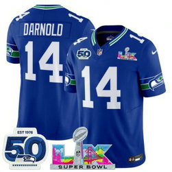 Seattle Seahawks 14 Sam Darnold Royal 2026 Super Bowl LX & 50th Patches F.U.S.E. Vapor Limited Men Jersey