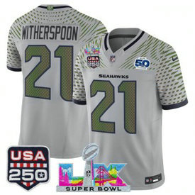Seattle Seahawks 21 Devon Witherspoon Gray Rivalries F.U.S.E. Vapor Limited Men Jersey with 2026 Super Bowl LX & 50th & USA 250 Patches