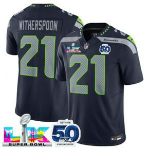 Seattle Seahawks 21 Devon Witherspoon Navy 2026 Super Bowl LX & 50th Patches F.U.S.E. Vapor Limited Men Jersey