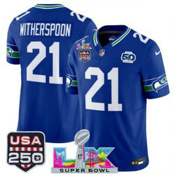 Seattle Seahawks 21 Devon Witherspoon Royal F.U.S.E. Vapor Limited Men Jersey with 2026 Super Bowl LX & 50th & USA 250 Patches
