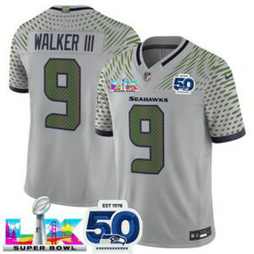 Seattle Seahawks 9 Kenneth Walker III Gray 2026 Super Bowl LX & 50th Patches Rivalries F.U.S.E. Vapor Limited Men Jersey