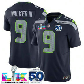Seattle Seahawks 9 Kenneth Walker III Navy 2026 Super Bowl LX & 50th Patches F.U.S.E. Vapor Limited Men Jersey