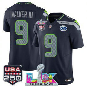 Seattle Seahawks 9 Kenneth Walker III Navy F.U.S.E. Vapor Limited Men Jersey with 2026 Super Bowl LX & 50th & USA 250 Patches