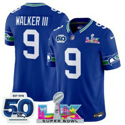 Seattle Seahawks 9 Kenneth Walker III Royal 2026 Super Bowl LX & 50th Patches F.U.S.E. Vapor Limited Men Jersey