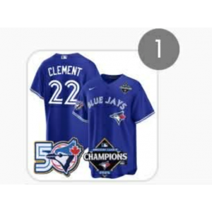 Toronto Blue Jays 22 Ernie Clement 50th Anniversary & Champion Cool Base Men Jersey