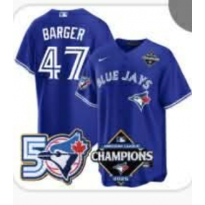 Toronto Blue Jays 47 Addison Barger 50th Anniversary & Champion Cool Base Men Jersey